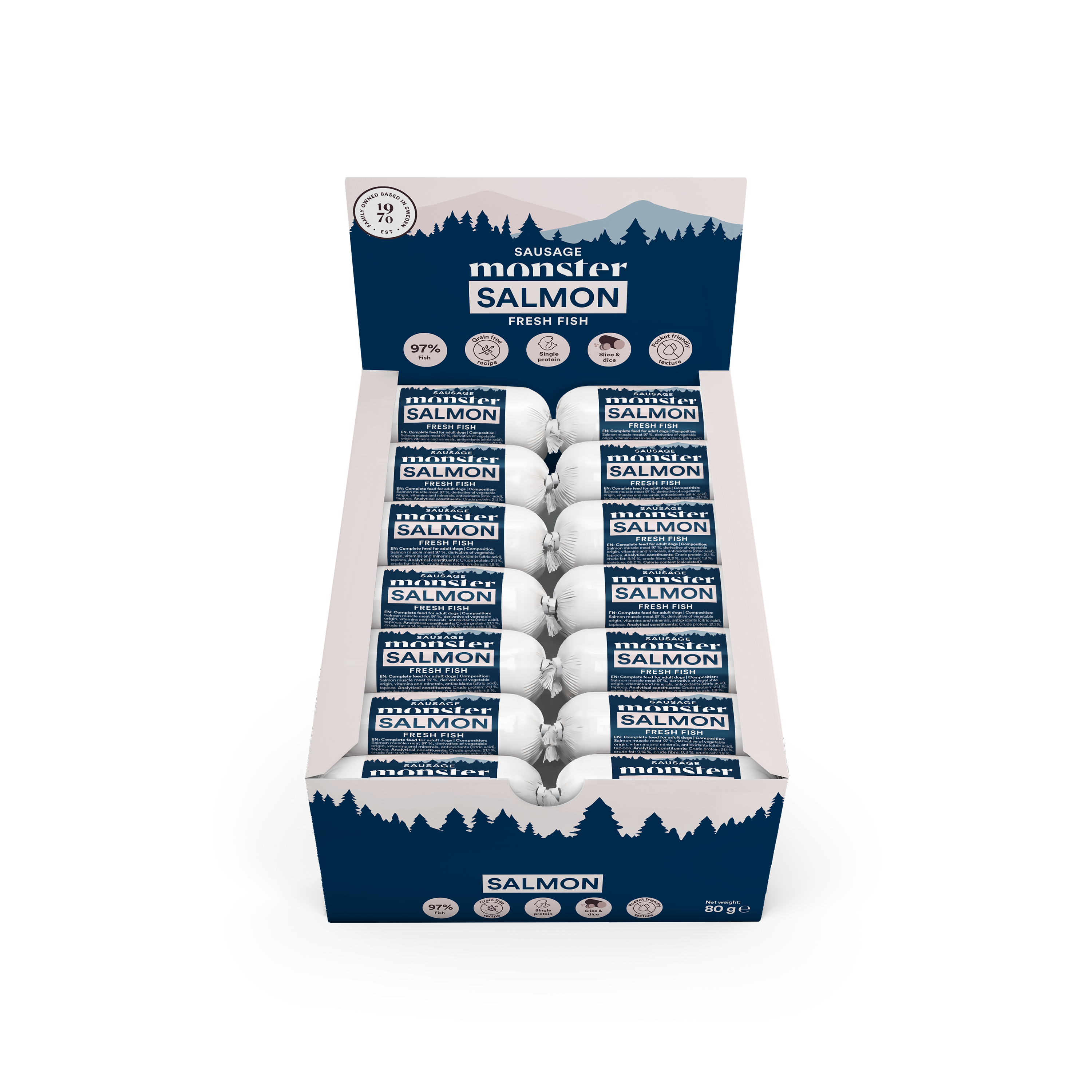 Monster Dog Sausage Salmon 80 g (28 pcs)